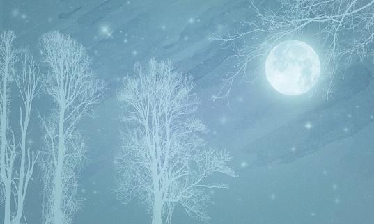 Magical Sky with Full Moon, Stars and White Tree Silhouettes - Atmospheric Mood; Fairytale-like - Starry Sky Background. Muted Colors.   Elements of this image furnished by NASA.  URL:  https://images-assets.nasa.gov/image/201408100002HQ/201408100002HQ~medium.jpg