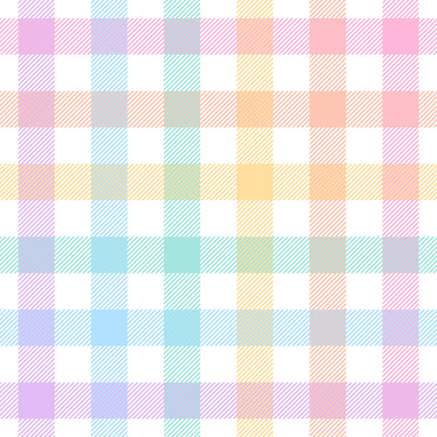 stockillustraties, clipart, cartoons en iconen met gingham check plaid pattern for easter design. seamless pastel multicolored vichy tartan graphic vector in purple, blue, pink, orange, yellow, green, white for tablecloth, picnic blanket, other print. - pasen