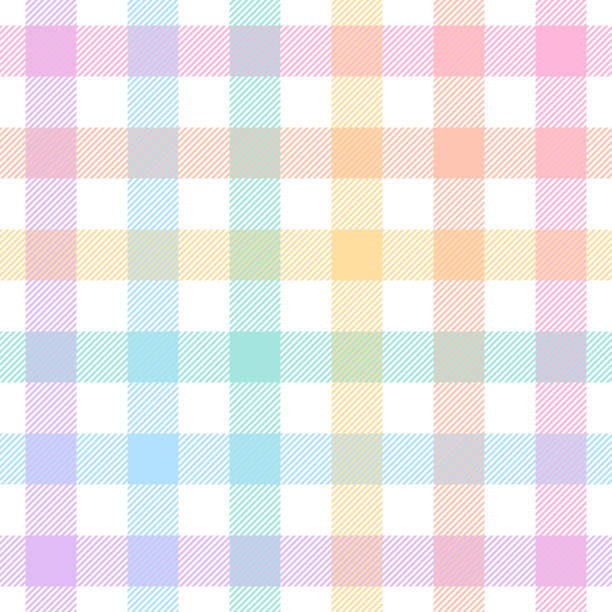 bildbanksillustrationer, clip art samt tecknat material och ikoner med gingham check plaid pattern for easter design. seamless pastel multicolored vichy tartan graphic vector in purple, blue, pink, orange, yellow, green, white for tablecloth, picnic blanket, other print. - happy easter