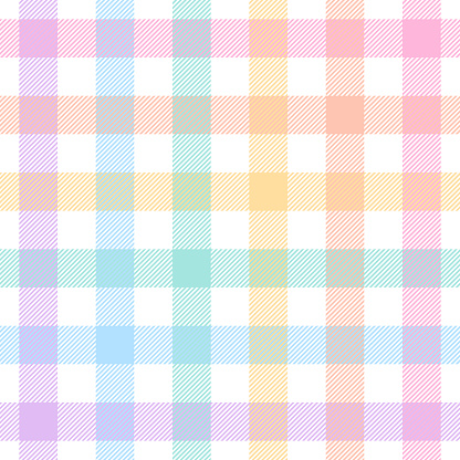 Gingham check plaid pattern for Easter design. Seamless pastel multicolored vichy tartan graphic vector in purple, blue, pink, orange, yellow, green, white for tablecloth, picnic blanket, other print.
