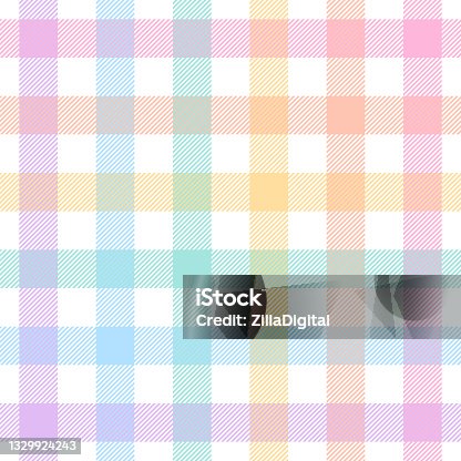 istock Gingham check plaid pattern for Easter design. Seamless pastel multicolored vichy tartan graphic vector in purple, blue, pink, orange, yellow, green, white for tablecloth, picnic blanket, other print. 1329924243