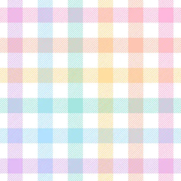 Vector illustration of Gingham check plaid pattern for Easter design. Seamless pastel multicolored vichy tartan graphic vector in purple, blue, pink, orange, yellow, green, white for tablecloth, picnic blanket, other print.