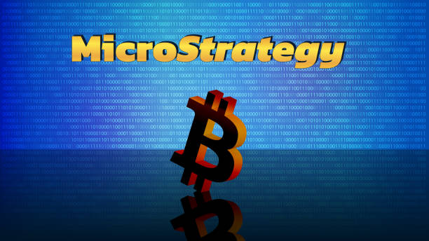 istock Banner MicroStrategy Incorporated on digital background with Bitcoin symbols on mirror floor. Company that buys bitcoins and other digital coins and pushes market up. Vector illustration. 1329925193