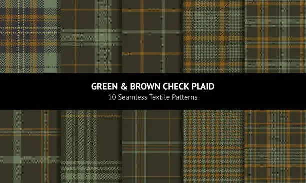 Vector illustration of Tartan plaid pattern set in green and brown. Seamless dark check vector backgrounds for flannel shirt, skirt, jacket, coat, other modern autumn winter fashion textile print. Textured designs.