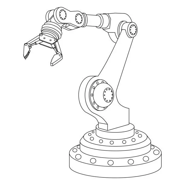 Vector illustration of Outline mechanical robotic arm with gripper isolated on white. Vector illustration.