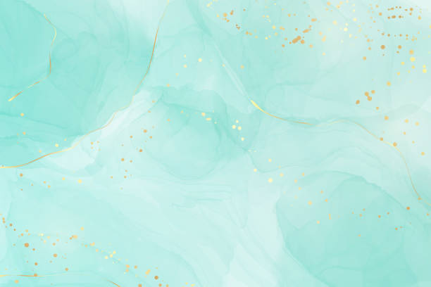 파스텔 시안 민트 액체 대리석 수채화 배경에 금라인과 브러시 얼룩이 있습니다. 청록색 대리석 알코올 잉크 그리기 효과. 벡터 일러스트 배경, 수채화 결혼 초대장 - 청록색 stock illustrations