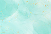 istock Pastel cyan mint liquid marble watercolor background with gold lines and brush stains. Teal turquoise marbled alcohol ink drawing effect. Vector illustration backdrop, watercolour wedding invitation 1329926309