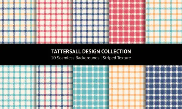 Vector illustration of Check plaid pattern set. Summer tattersall in navy blue, green, red, yellow, off white for multicolored windowpane line handkerchief, napkin, scarf, dress, other modern fashion textile print.