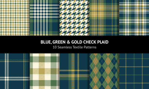 ilustrações de stock, clip art, desenhos animados e ícones de check plaid pattern set for autumn winter in blue, green, gold, off white. seamless dark tartan plaid vector for flannel shirt, skirt, blanket, duvet cover, other modern fashion fabric design. - tattersall