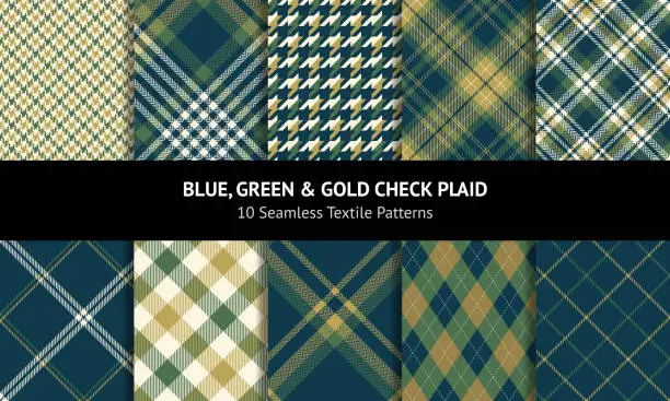 Vector illustration of Plaid pattern set for autumn winter in blue, green, gold, off white. Seamless dark tartan check plaid backgrounds for flannel shirt, skirt, blanket, duvet cover, other modern fashion textile print.