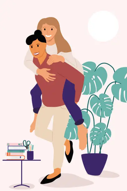 Vector illustration of A couple of girls in an apartment where there is a flower, and on the table are books and office supplies. Girls in a pose Piggyback