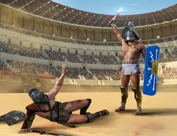Gladiator fight in an ancient Roman colosseum. One gladiator on the ground begging for mercy, the other is victorious, 3d render.