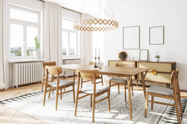 Scandinavian Domestic Dining Room Interior Interior of Scandinavian style dining room. wooden interior stock pictures, royalty-free photos & images