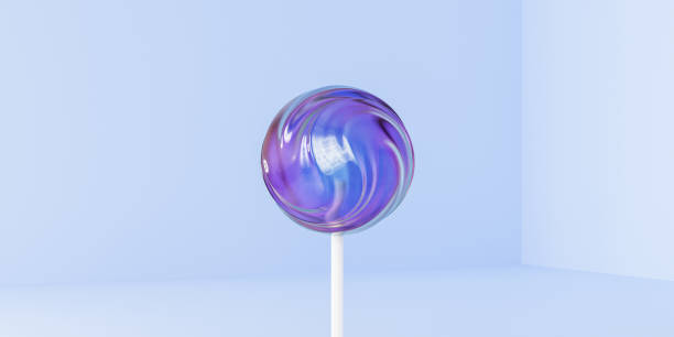 Shiny lollipop sweet candy on stick, blue pastel banner, 3d render