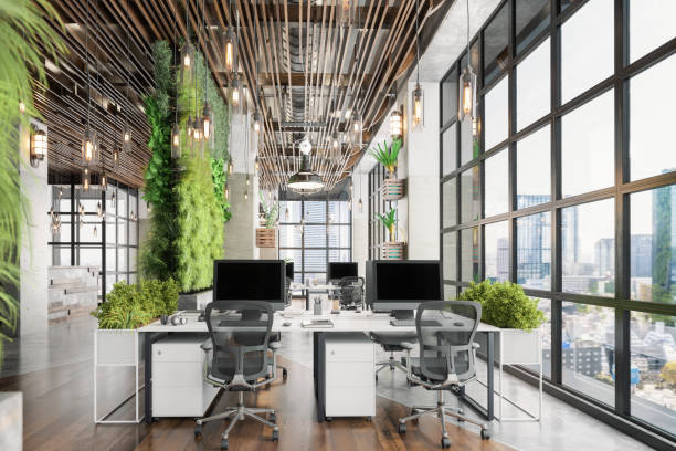 espaço de escritório de co-working verde sustentável - architecture business built structure window - fotografias e filmes do acervo