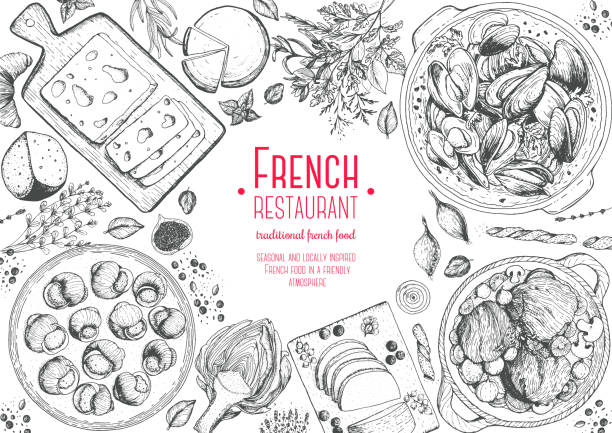ilustraciones, imágenes clip art, dibujos animados e iconos de stock de marco de vista superior de la cocina francesa. un conjunto de platos franceses clásicos con bourguignon de ternera, mejillones, escargot, foie gras, queso, alcachofa. plantilla de diseño de menú de alimentos. ilustración vectorial de boceto dibujado a - comida-francesa