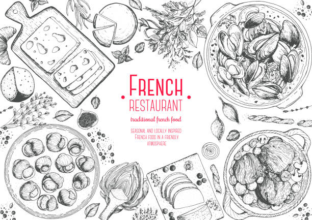 french cuisine top view frame. a set of classic french dishes with beef bourguignon, mussels, escargot, foie gras, cheese, artichoke . food menu design template. hand drawn sketch vector illustration. - fransa illüstrasyonlar stock illustrations