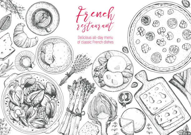 Vector illustration of French cuisine top view frame. A set of classic French dishes with quiche lorraine, mussels, poached eggs, onion soup, bakery. Food menu design template. Hand drawn sketch vector illustration.