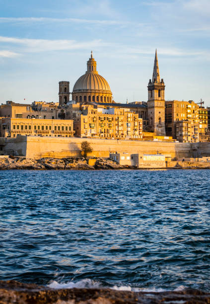 Malta Valletta city skyline over sunset stock photo