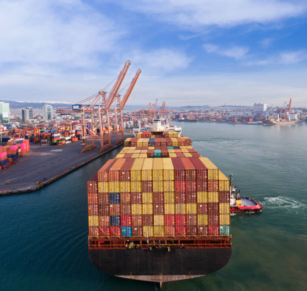 istock Aerial view of cargo ship in transit. 1329949955