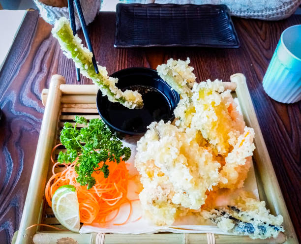 Japanese Yasai tempura, fried vegetables with crispy batter stock photo