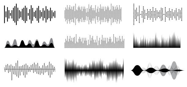 schallwellen musik in schwarz-weiß oder entzerrung musikwellenleiste - ausgleichstreffer stock-grafiken, -clipart, -cartoons und -symbole