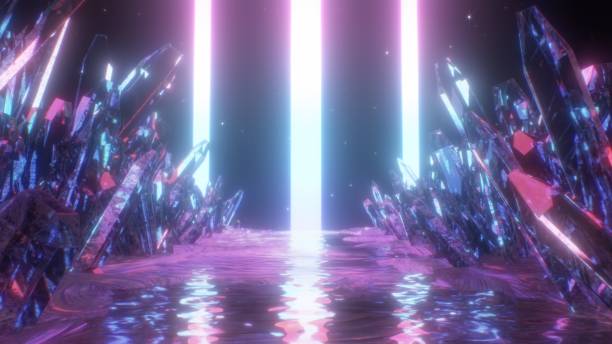 istock Crystal Landscape Reflects Neon Laser Lights and Outer Space Stars - Abstract Background Texture 1329951635