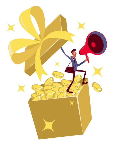 Vector illustration of Happy businessman opening a big gift box
full of money and announcing through a megaphone