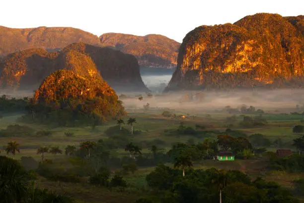 Sunrise with a thin layer of fog in Vinales Valley, Cuba