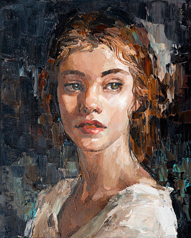 Portrait of a young, dreamy girl with curly brown hair on a mysterious abstract background. Palette knife technique of oil painting and brush.