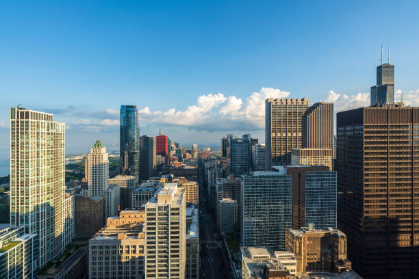 Aerial view of Chicago skyline and Wabash Ave at sunset