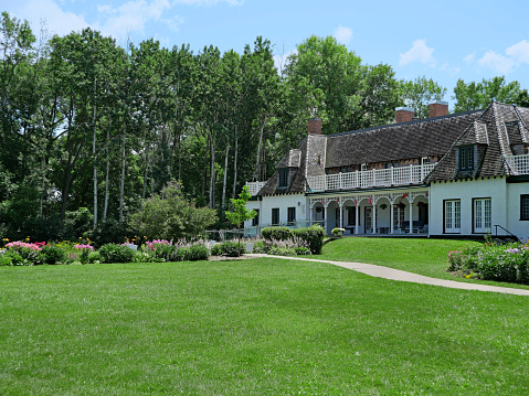 Ontario, Canada - July 21, 2021:  The former lakefront home and garden of author Stephen Leacock is preserved as a museum.