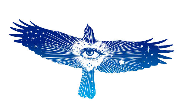 Raven with all seeing eye and stars Line art vector of a Raven with all seeing eye and stars alchemy symbols stock illustrations