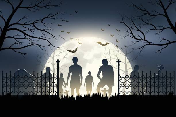 istock Halloween Zombies are walking out of the graveyard on a full moon night. Vector Illustrator 1329961438