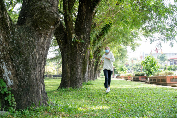 istock muslim woman doing sport and using mask outdoor 1329961447