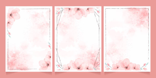 cherry blossom watercolor with brown frame for wedding invitation card template collection cherry blossom watercolor with brown frame for wedding invitation card template collection pink flowers stock illustrations
