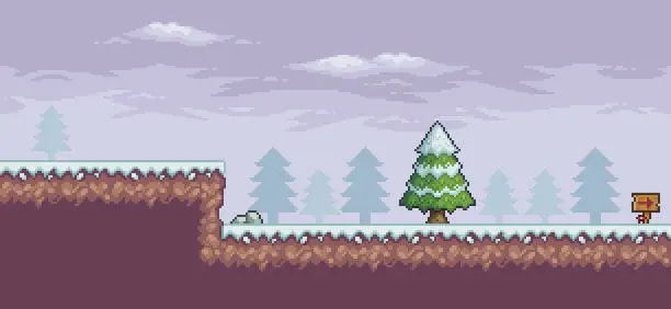 Vector illustration of Pixel art game scene in snow 8bit