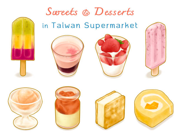 ilustrações de stock, clip art, desenhos animados e ícones de sweets and desserts in taiwan supermarket, sakura sundae, strawberry panna cotta and pudding, ice cream cracker sandwich, red bean ice cream popsicle - creme cozinhado