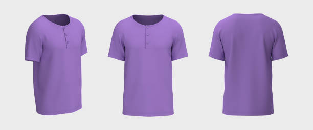 istock Blank short-sleeve henley t-shirt mockup. Front, back and side views 1329967453