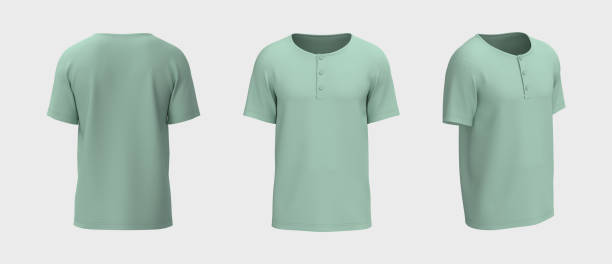 istock Blank short-sleeve henley t-shirt mockup. Front, back and side views 1329967465