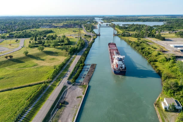 Aerial Welland Canal and Twin Flight Locks in  Allanburg, St. Catharines, Canada St. Catharines, Canada. barge stock pictures, royalty-free photos & images