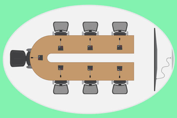 Meeting room with microphone and TV, Top view Meeting room with microphone and TV, Top view, used for background conference table stock illustrations