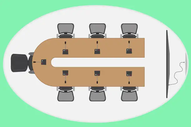 Vector illustration of Meeting room with microphone and TV, Top view