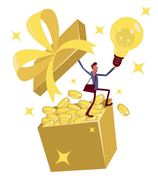 Vector illustration of Happy businessman opening a big gift box
full of money and showing a big idea (light bulb)