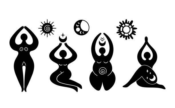 illustrations, cliparts, dessins animés et icônes de faisceau de cliparts isolés de la déesse céleste et solaire mystique, silhouette mystique de la femme wiccane, symbole féminin, objets ésotériques lune et soleil - illustration vectorielle en noir et blanc - wicca