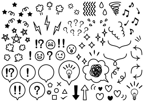 ilustrações de stock, clip art, desenhos animados e ícones de black-and-white illustration of balloons and symbols - exclamation point