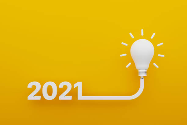 istock Creative idea and inspire innovation concept. Light bulb and 2021 new year on yellow background. Business solution and planning. 3d illustration 1329983348