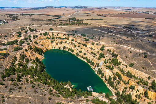 Aerial view of the Open Cut Copper Mine at the Historic town of Burra, South Australia.