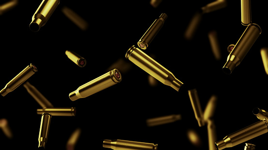 Shot off casings from a cartridge of 7.62 caliber on a black background. 3D rendering