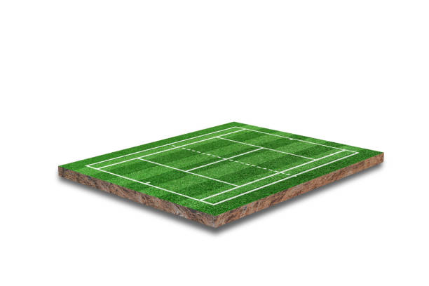 istock Tennis court isolated on white background. Green grass realistic. 3D rendering 1329985659